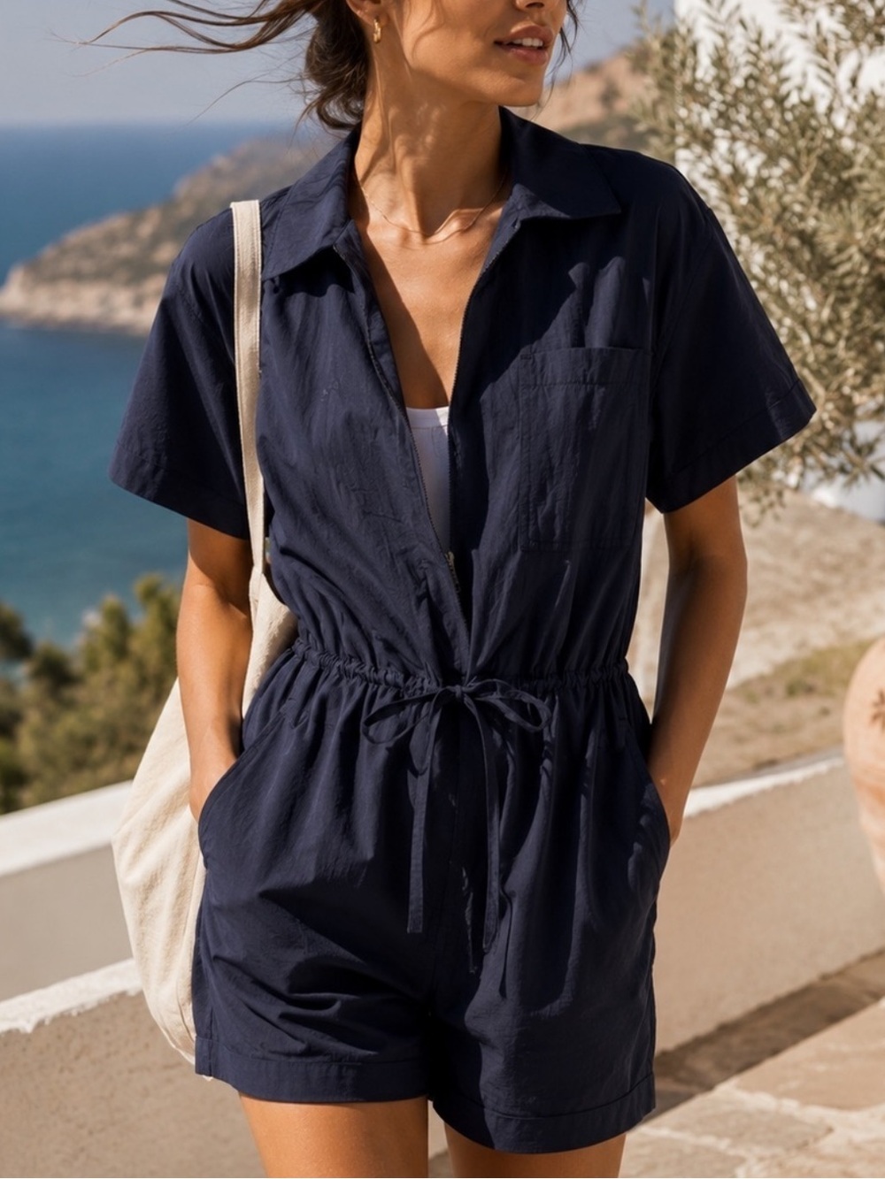 Sweaty Betty Women’s Anytime Short Sleeve Romper Navy Blue Nylon Zip Front Sz S